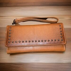 Sam & Hadley Cognac Studded Wristlet Western Wallet Clutch Organizer Leather NWT
